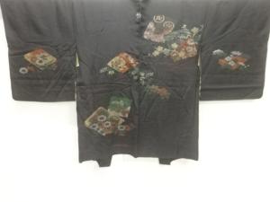 大正ロマン　錦紗破れ色紙に草花模様織出し漆一ツ紋絵羽織